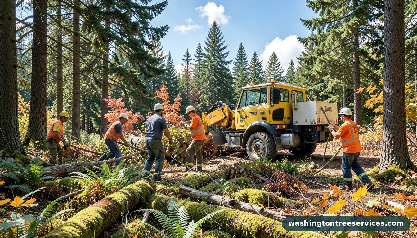 Certified arborists handling grapple saw truck tree removal in Washington grapple saw truck tree removal - certified arborists at work in Washington