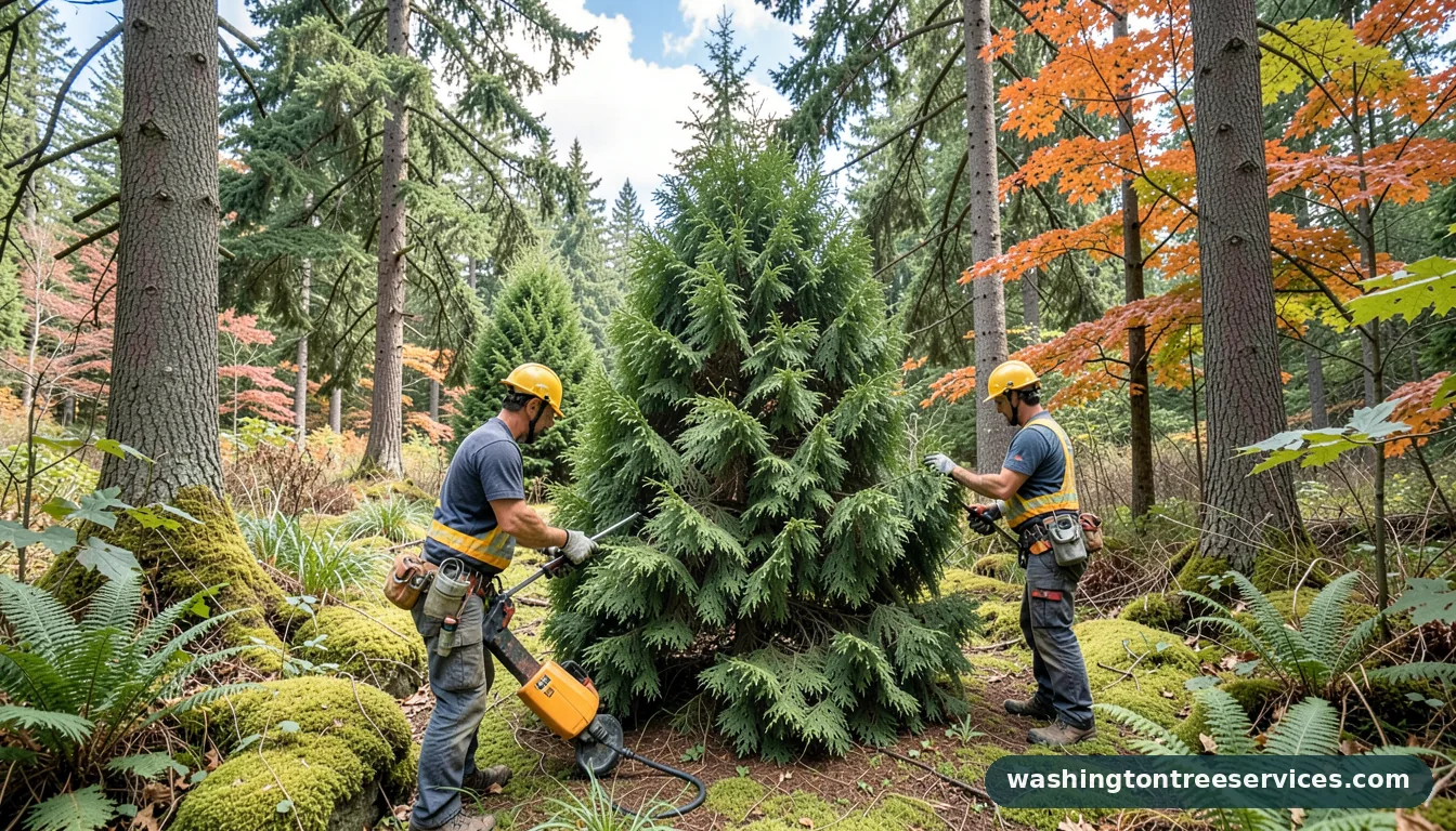 green giant arborvitae trimming - tree service equipment and crew in Washington