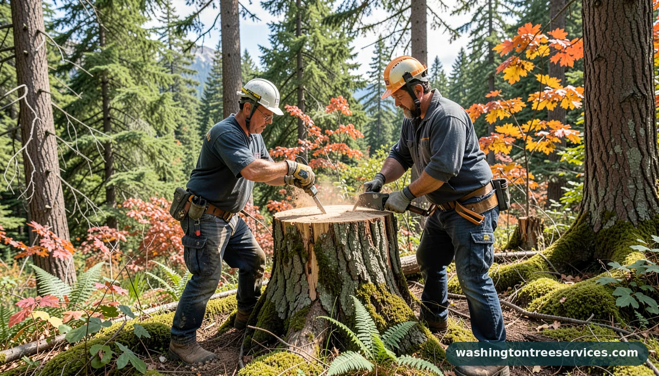 Certified arborists handling grinding tree stump in Washington grinding tree stump - certified arborists at work in Washington
