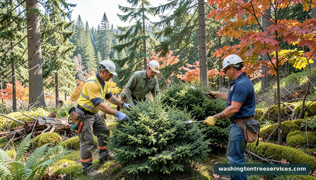 hard pruning evergreen shrubs - tree service equipment and crew in Washington