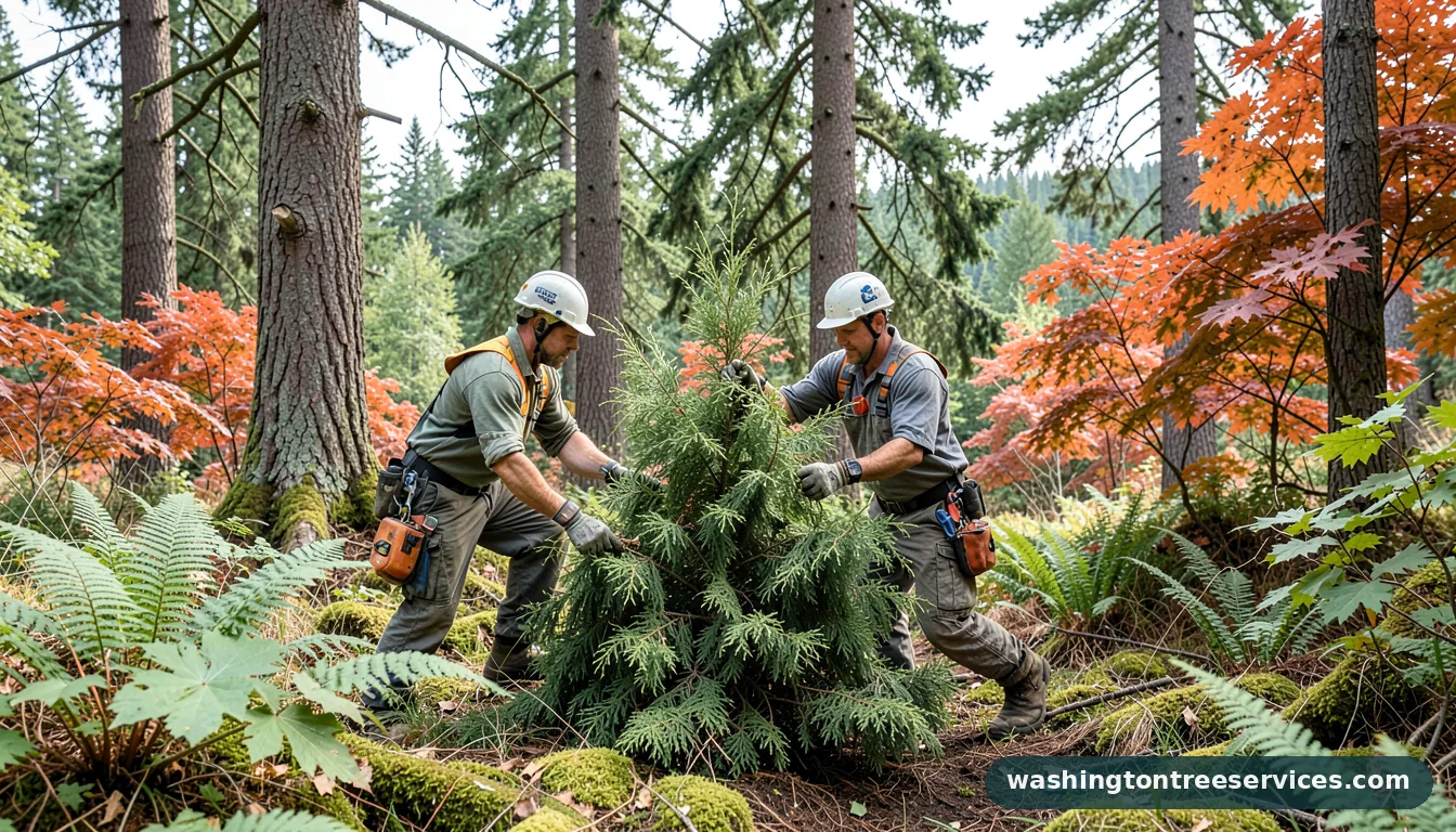 hinoki cypress pruning - tree service equipment and crew in Washington