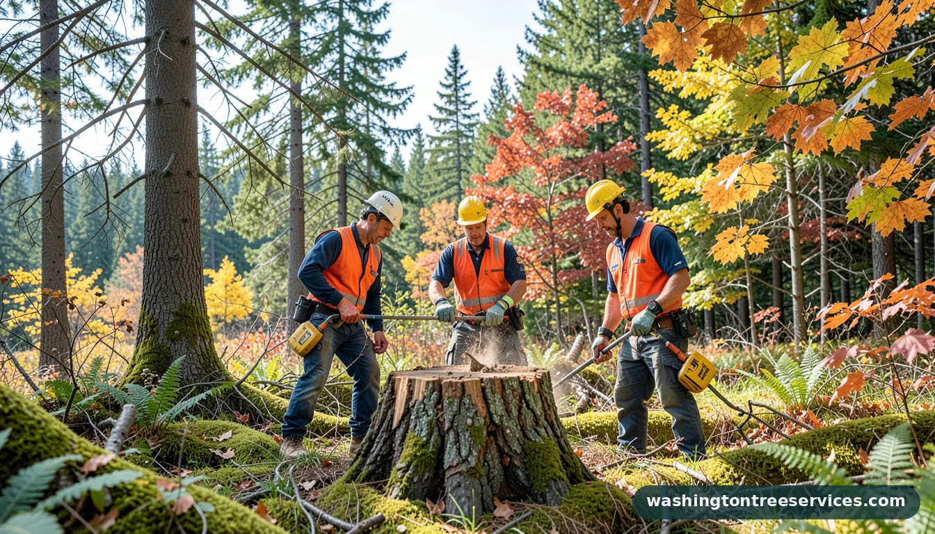 Certified arborists handling how much does it cost to grind a stump in Washington how much does it cost to grind a stump - certified arborists at work in Washington