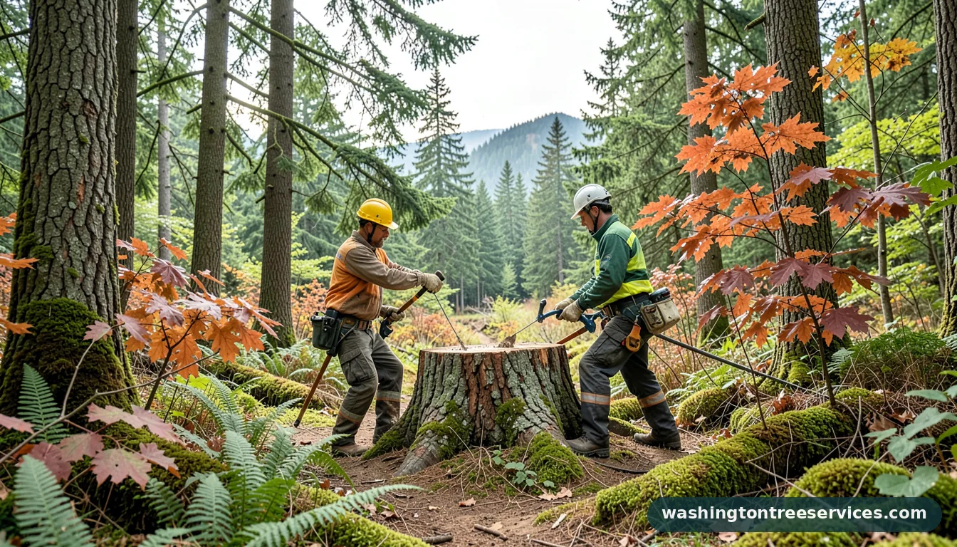 Certified arborists handling how much does it cost to grind tree stump in Washington how much does it cost to grind tree stump - certified arborists at work in Washington