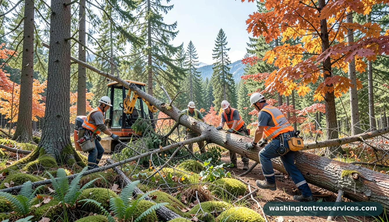 how to clear a fallen tree - tree service equipment and crew in Washington