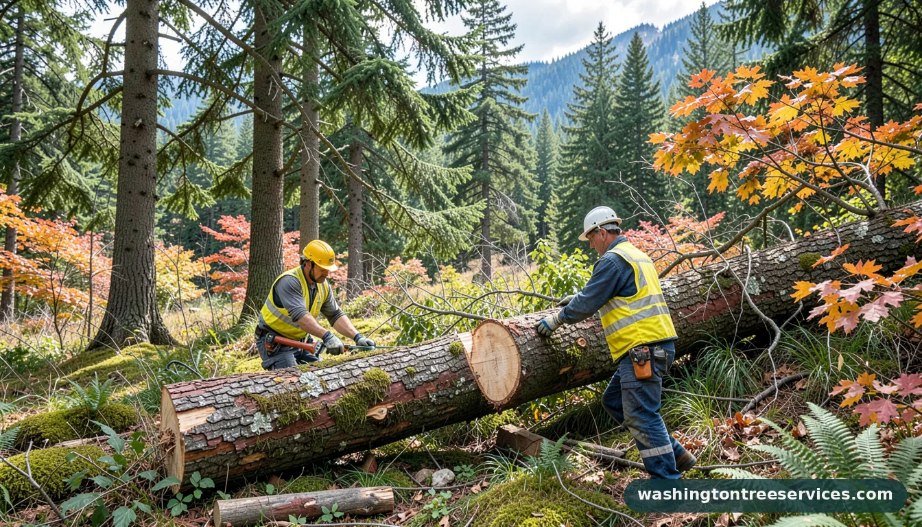 how to cut a fallen tree under tension - tree service equipment and crew in Washington