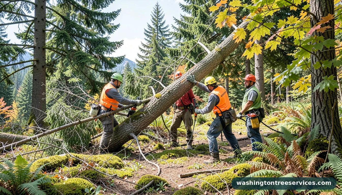 Certified arborists handling how to cut down a leaning tree in Washington how to cut down a leaning tree - certified arborists at work in Washington