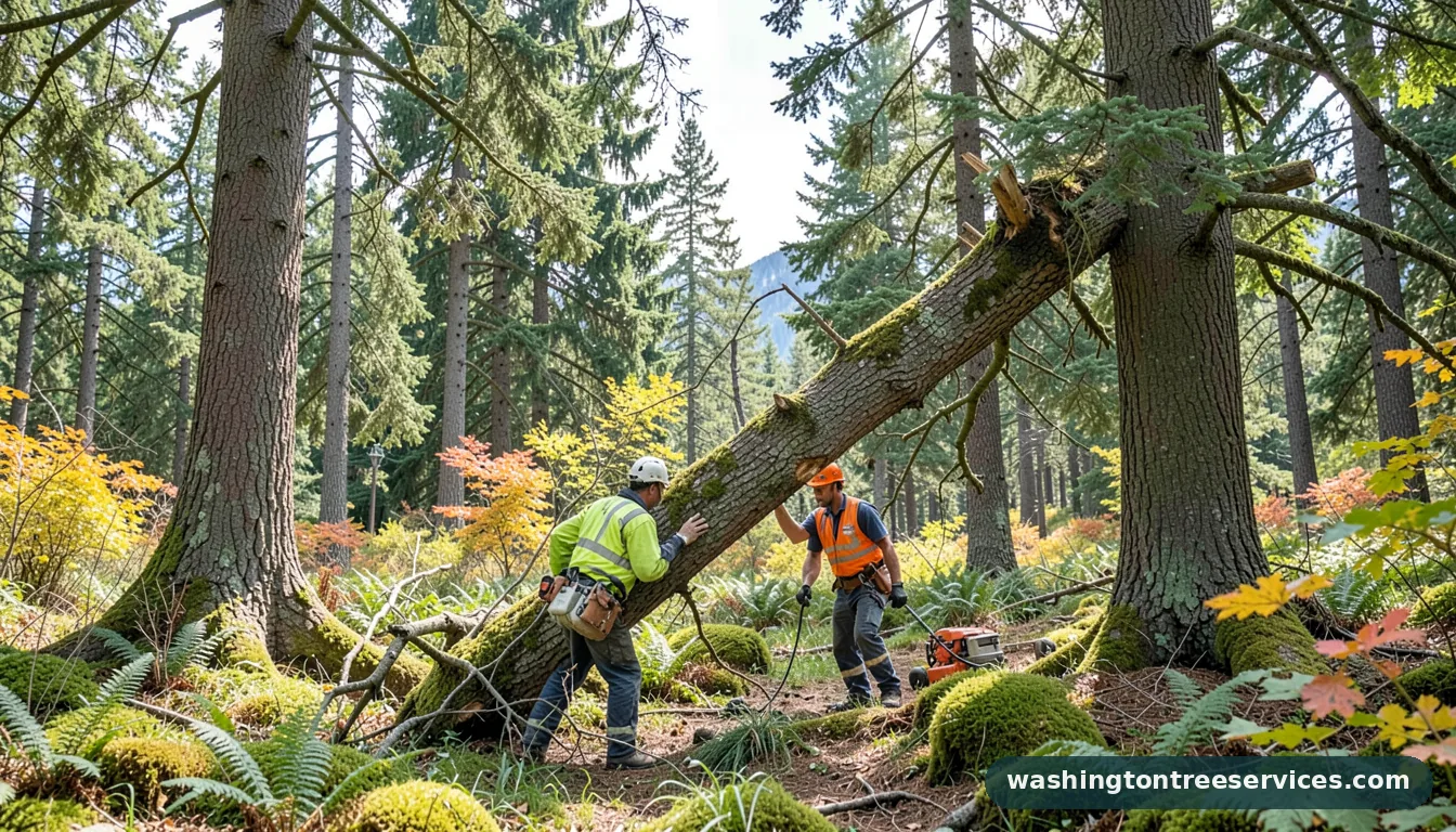 how to cut down a tree that is leaning on another tree - tree service equipment and crew in Washington