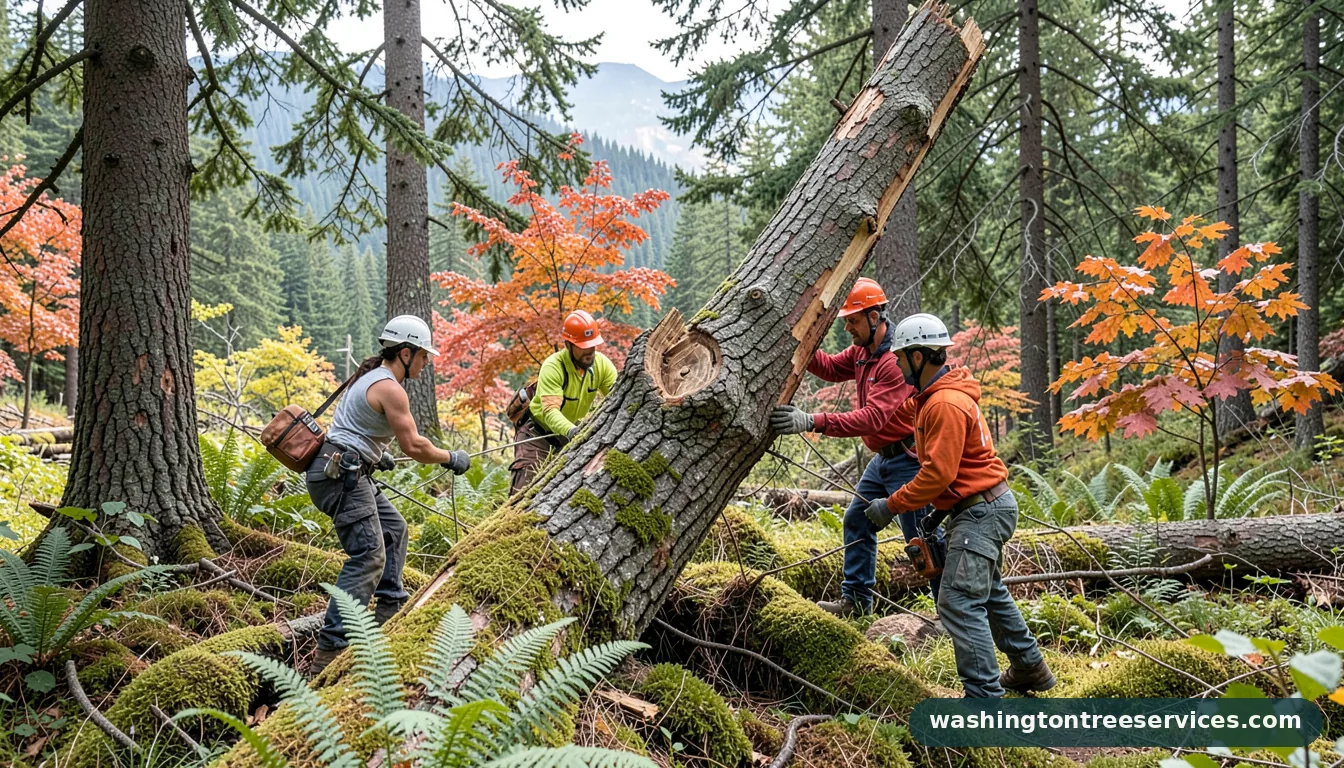 Certified arborists handling how to fall a leaning tree in Washington how to fall a leaning tree - certified arborists at work in Washington