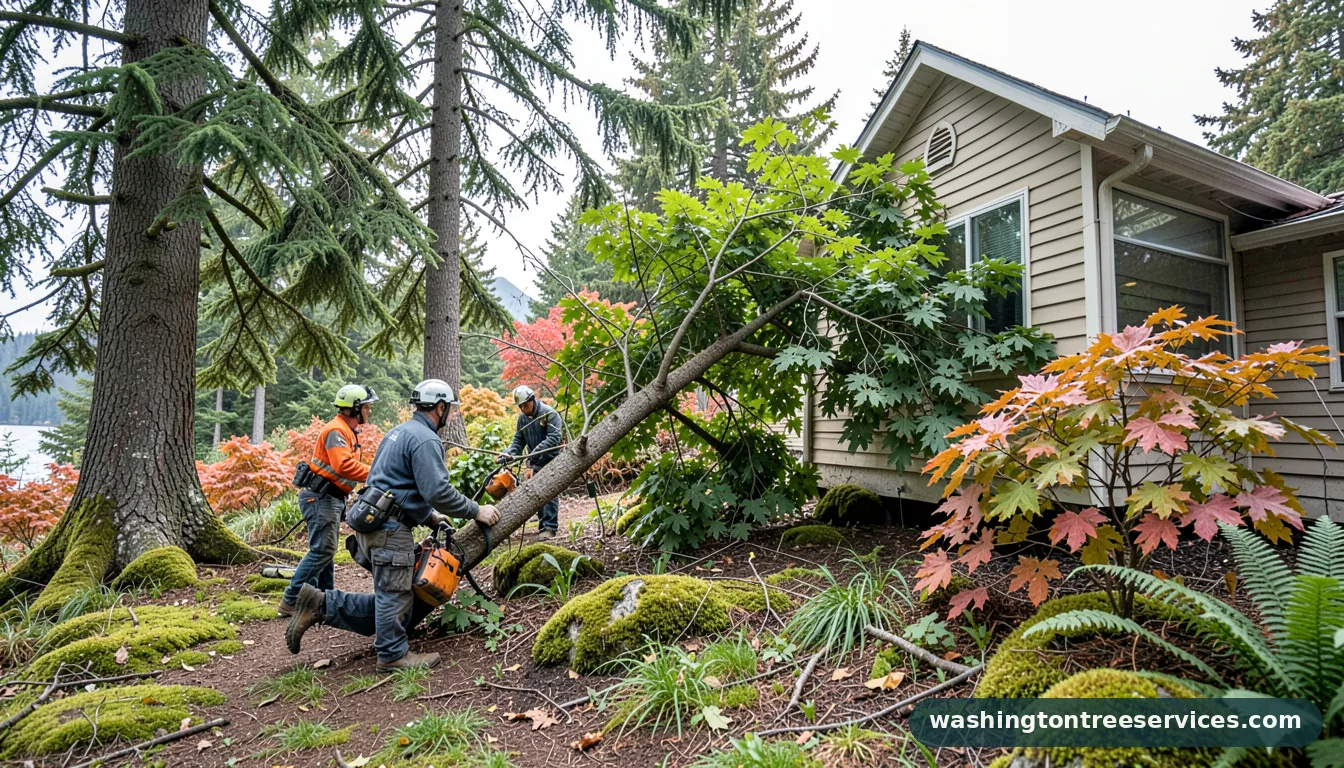 Certified arborists handling how to remove tree leaning on house in Washington how to remove tree leaning on house - certified arborists at work in Washington