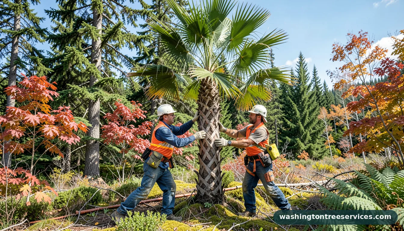 how to trim the trunk of a palm tree - tree service equipment and crew in Washington