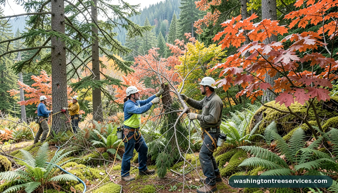 Certified arborists handling hung up tree in Washington hung up tree - certified arborists at work in Washington