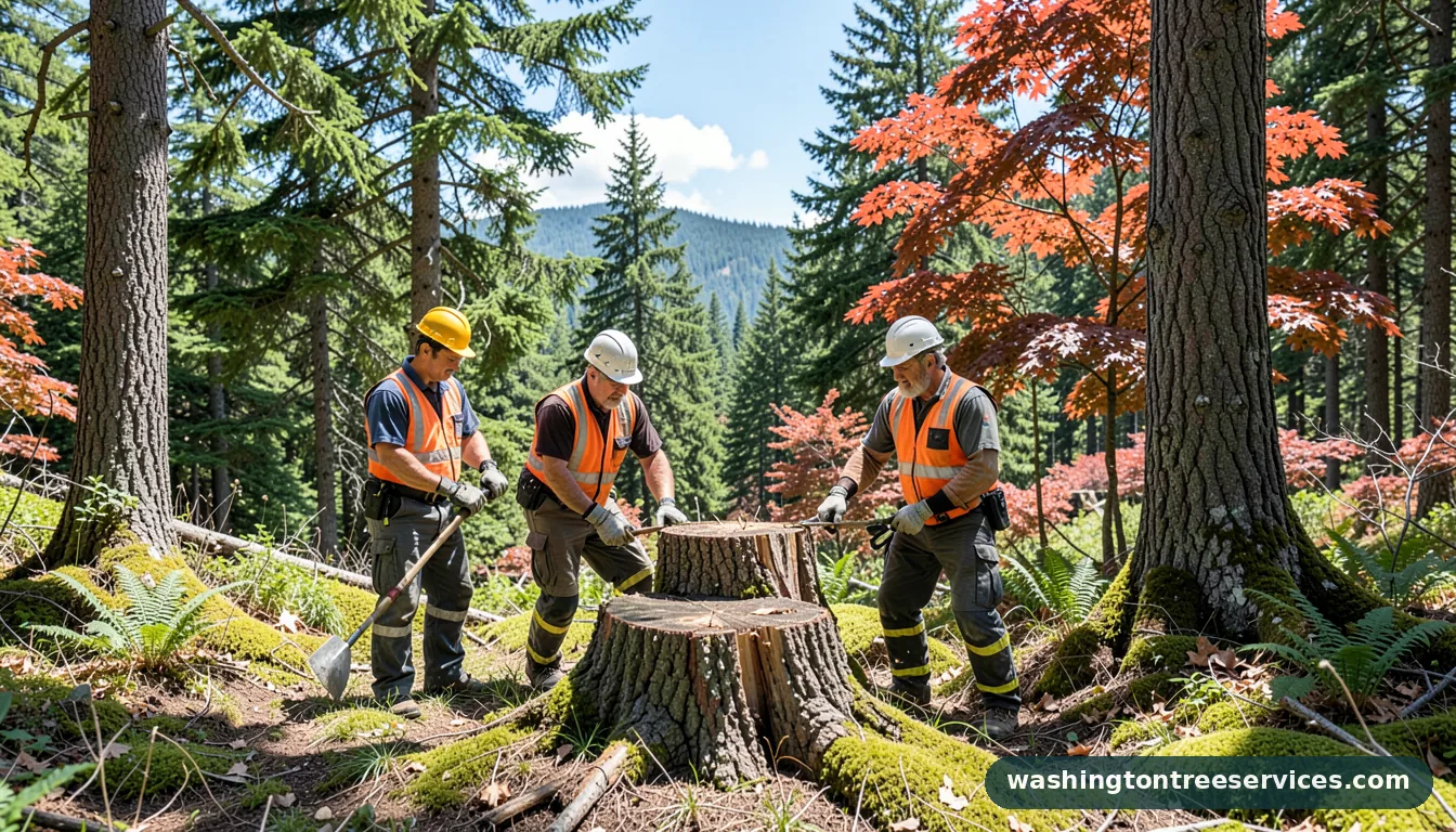 landscaping with tree stumps - tree service equipment and crew in Washington