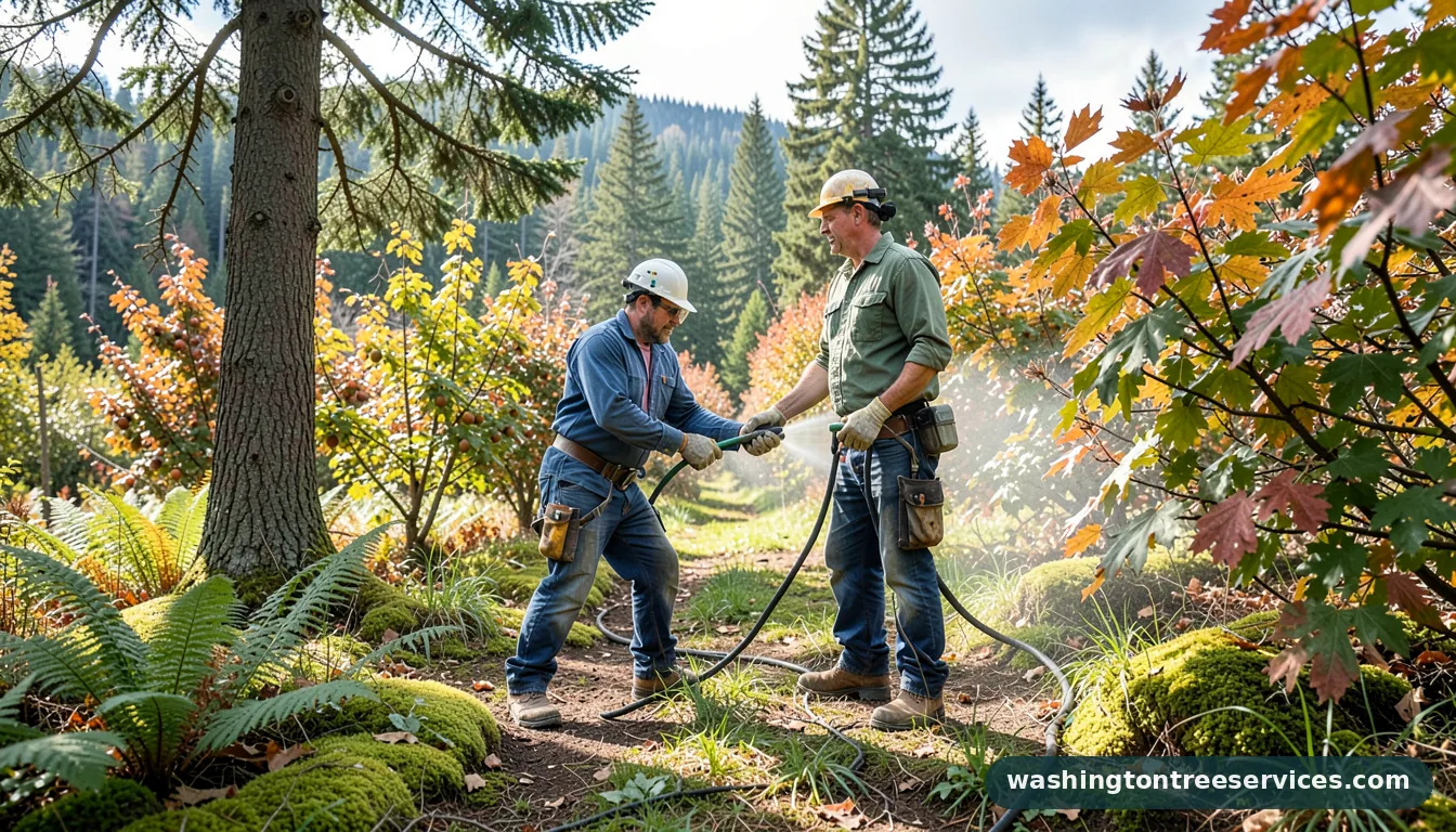 Certified arborists handling lime sulfur spray for fruit trees in Washington lime sulfur spray for fruit trees - certified arborists at work in Washington