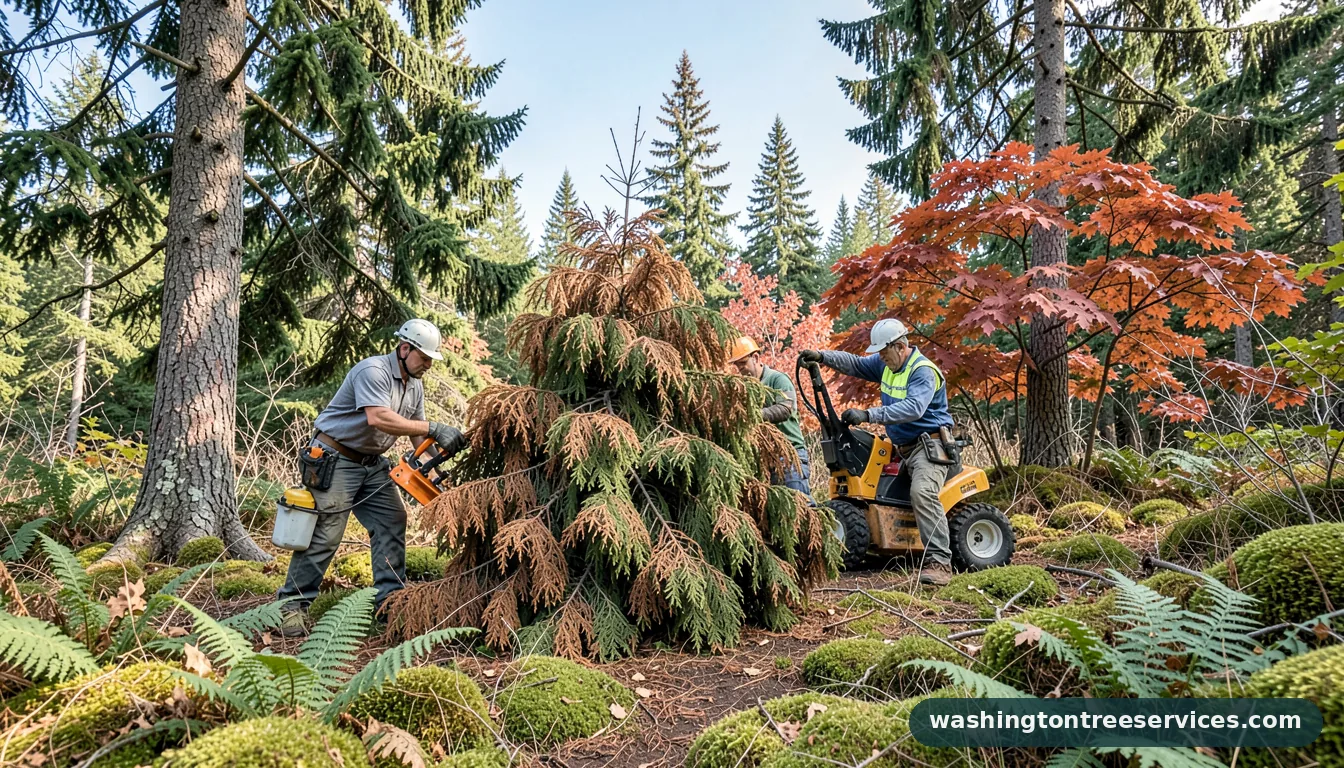 my arborvitae is turning brown - tree service equipment and crew in Washington