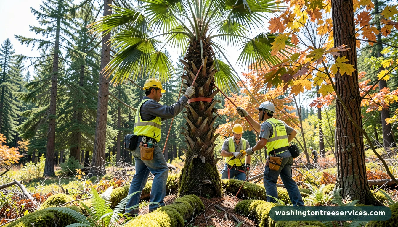 Certified arborists handling palm tree arborist in Washington palm tree arborist - certified arborists at work in Washington