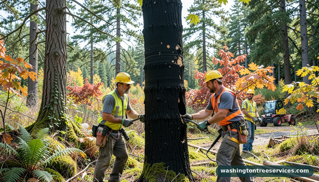 palm tree trunk turning black - tree service equipment and crew in Washington