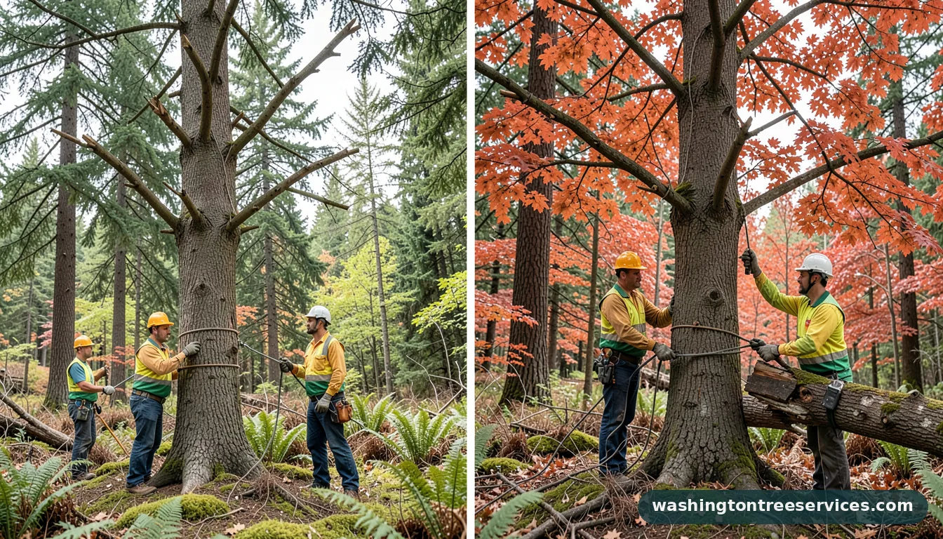 pollarding trees before and after - tree service equipment and crew in Washington
