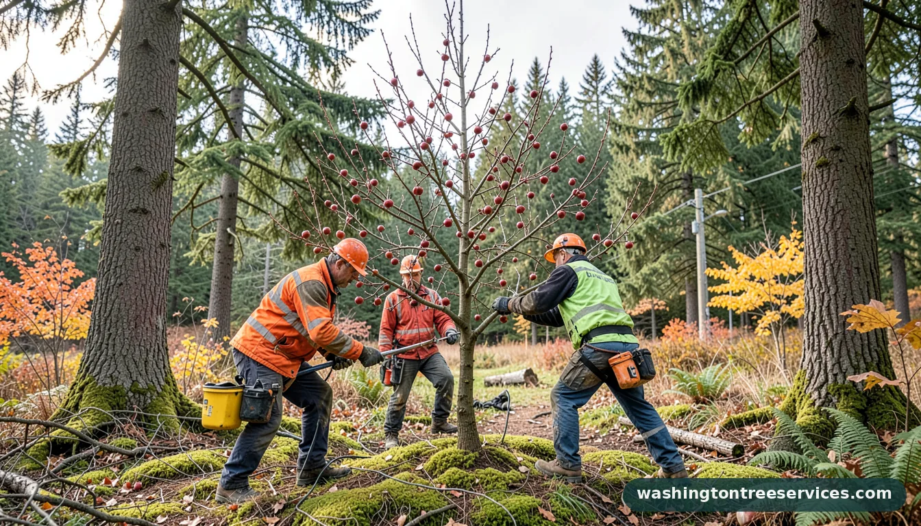 prune apple tree in winter - tree service equipment and crew in Washington