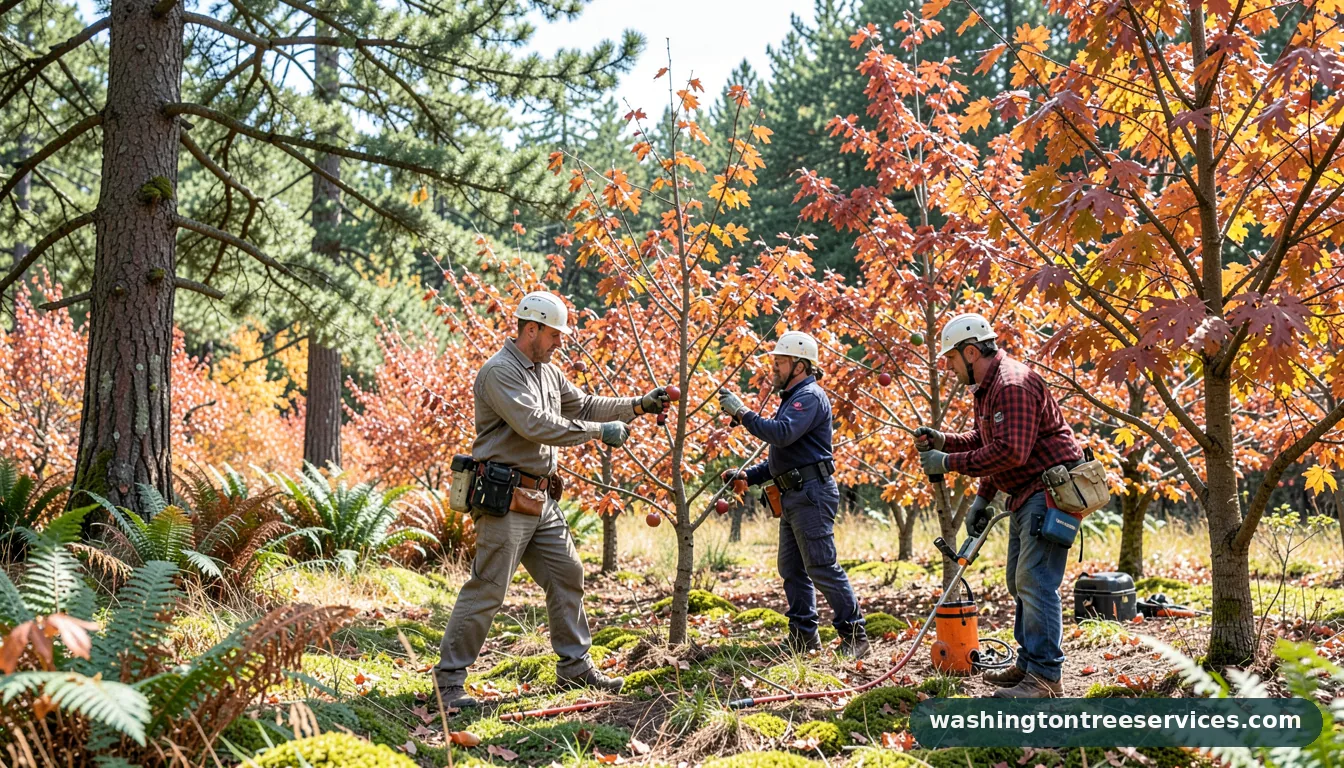 Certified arborists handling prune apple trees in fall in Washington prune apple trees in fall - certified arborists at work in Washington