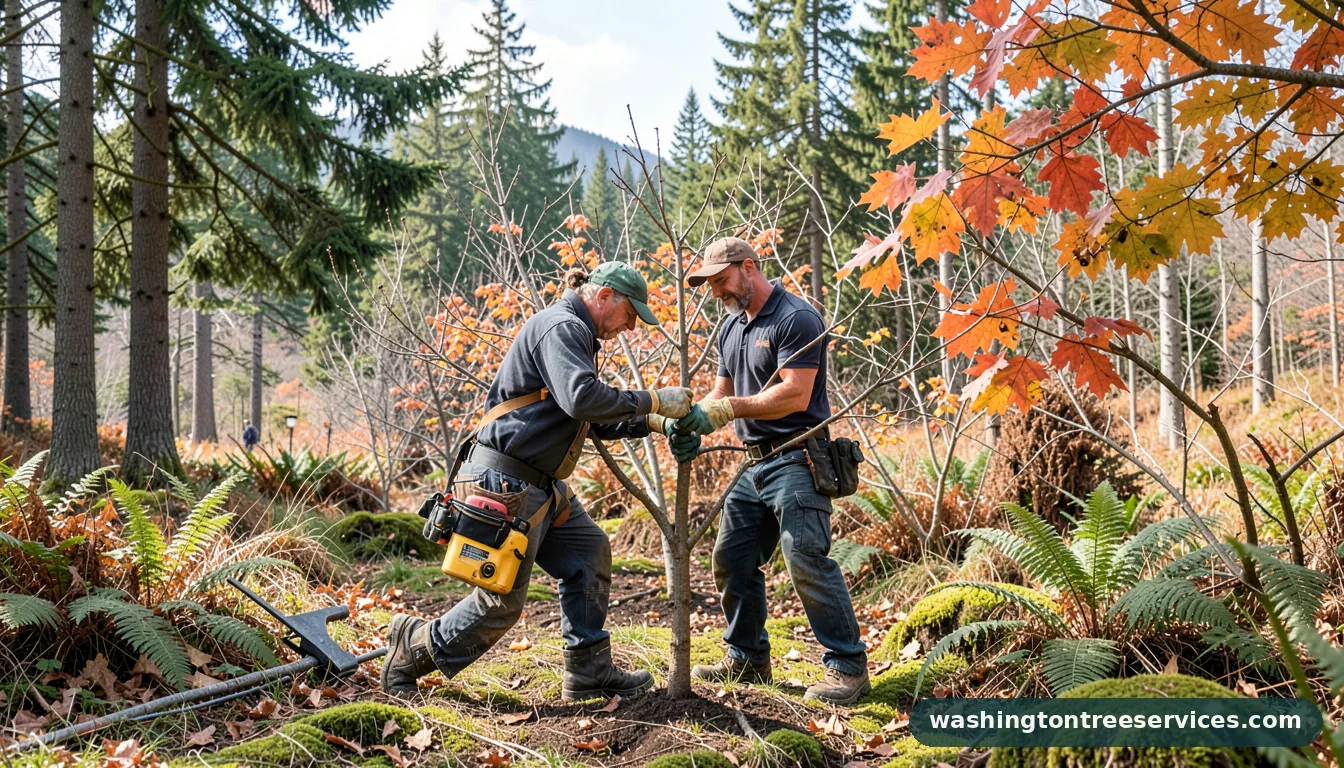 Certified arborists handling prune fruit trees in winter in Washington prune fruit trees in winter - certified arborists at work in Washington