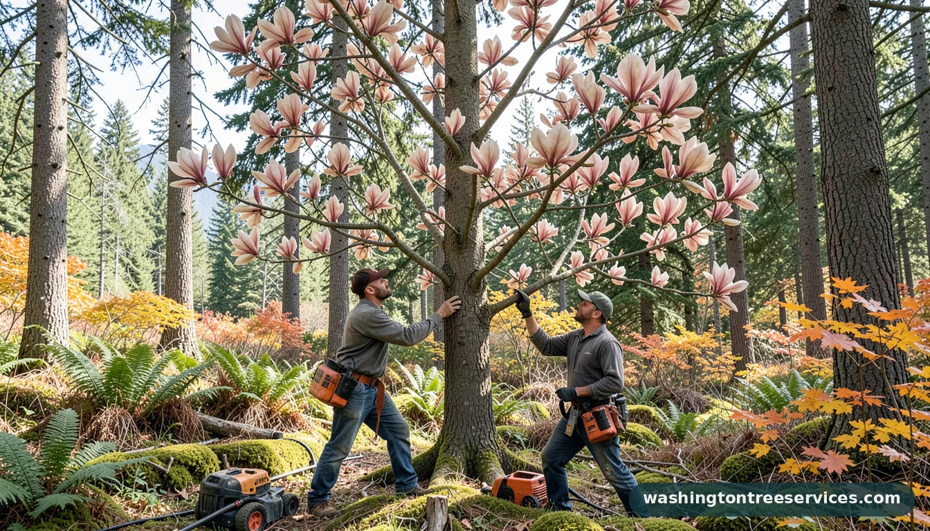pruning a large magnolia tree - certified arborists at work in Washington
