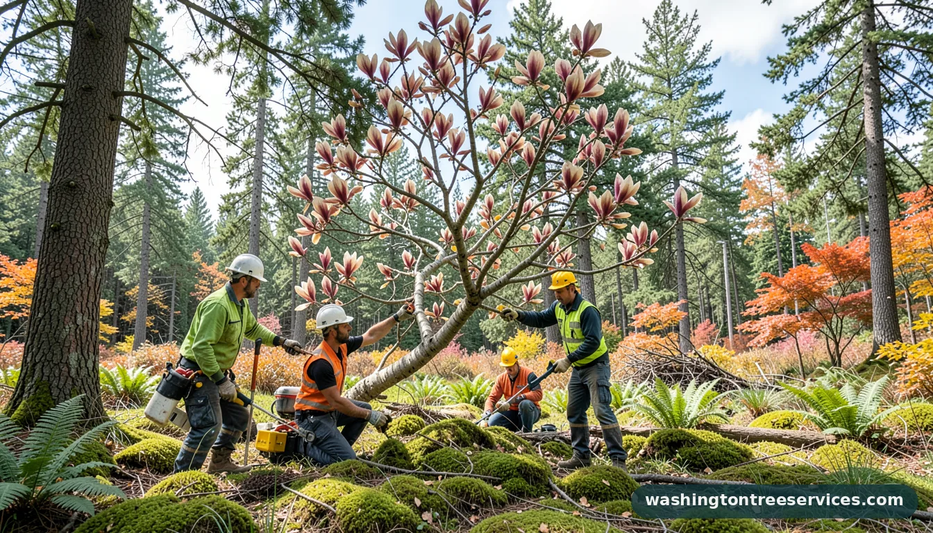 pruning a large magnolia tree - tree service equipment and crew in Washington