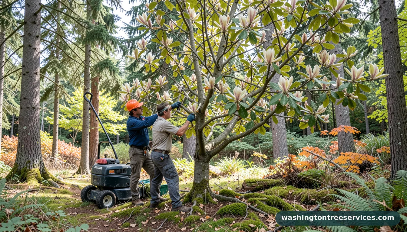 pruning a large magnolia tree - completed tree work by Washington Tree Services