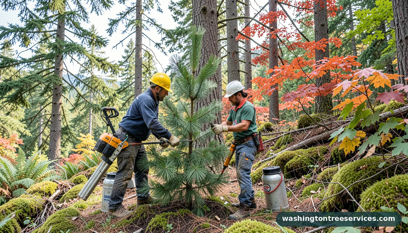 pruning a norfolk island pine - tree service equipment and crew in Washington