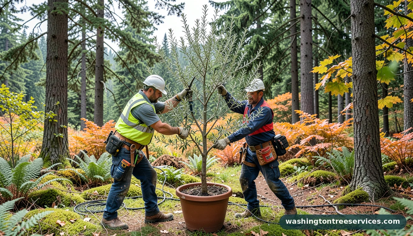 Professional equipment for pruning a potted olive tree in Washington pruning a potted olive tree - tree service equipment and crew in Washington
