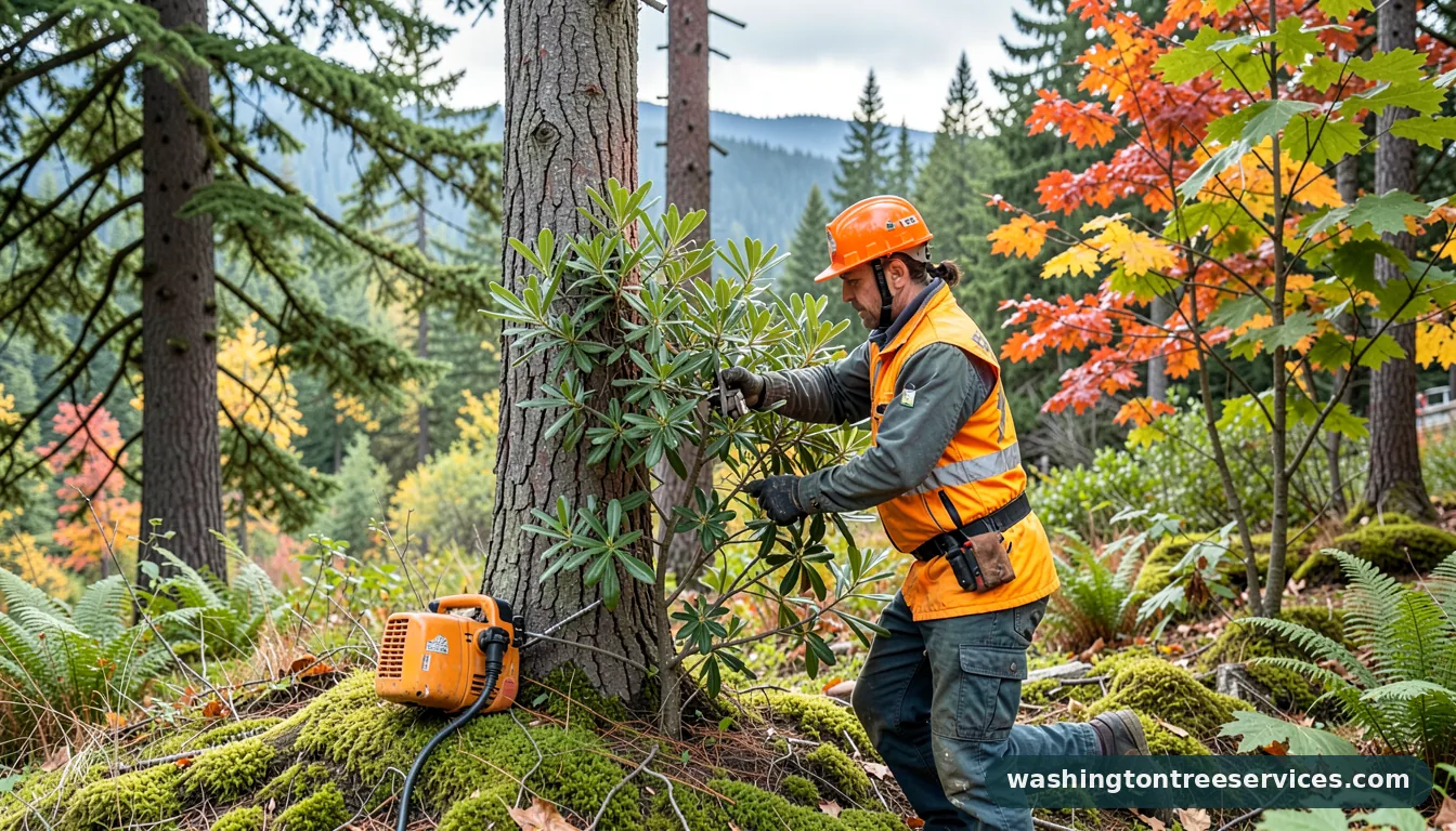 pruning a smoke bush - tree service equipment and crew in Washington