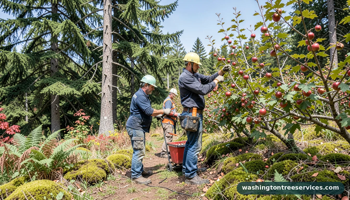 Certified arborists handling pruning apple trees in Washington pruning apple trees - certified arborists at work in Washington