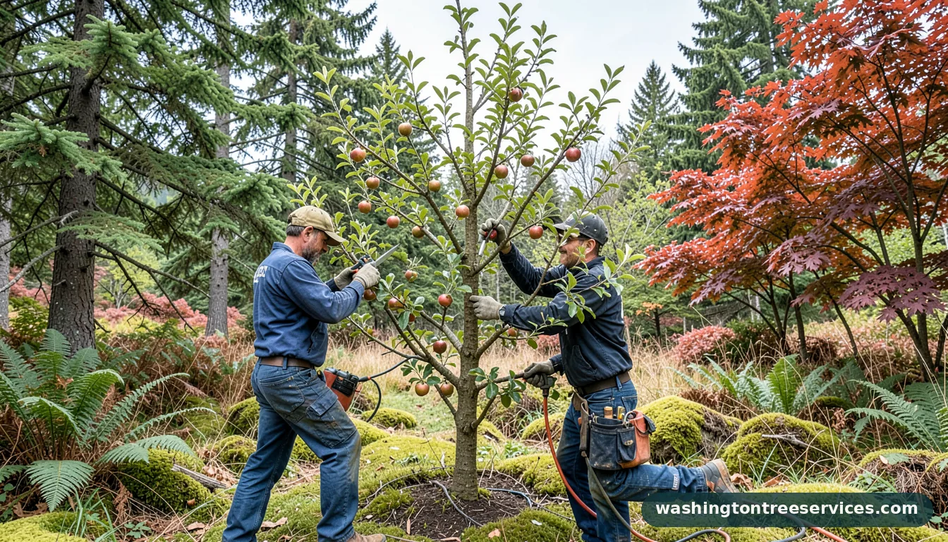 pruning espalier apple tree - certified arborists at work in Washington
