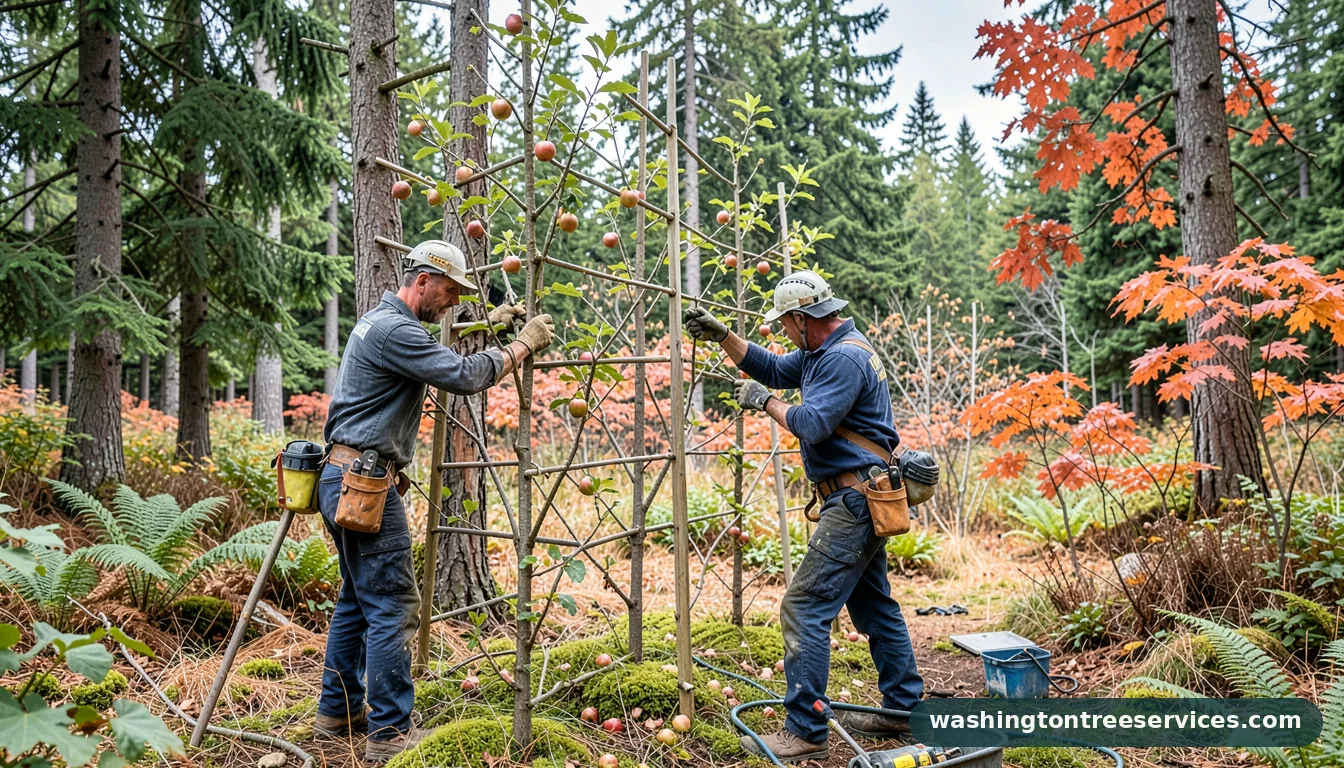 pruning espalier apple trees - certified arborists at work in Washington