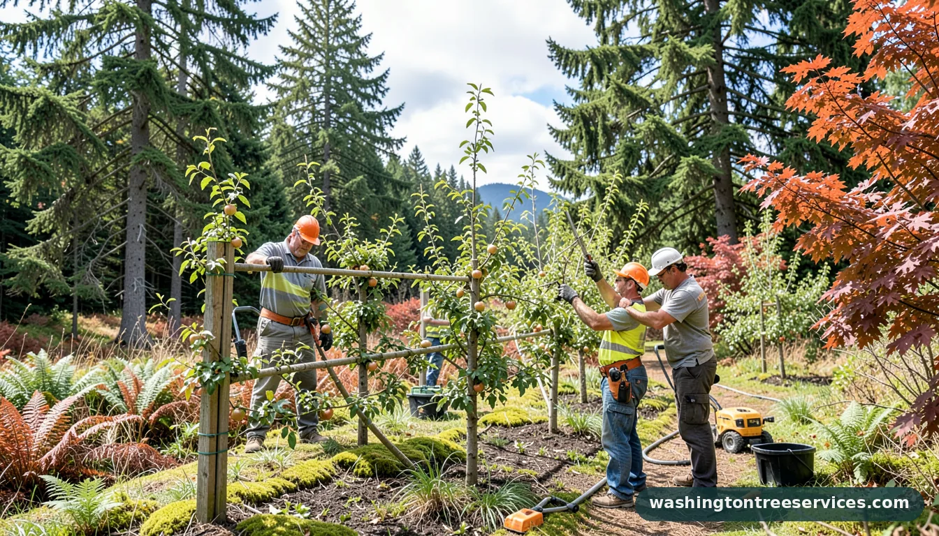 pruning espalier apple trees - tree service equipment and crew in Washington