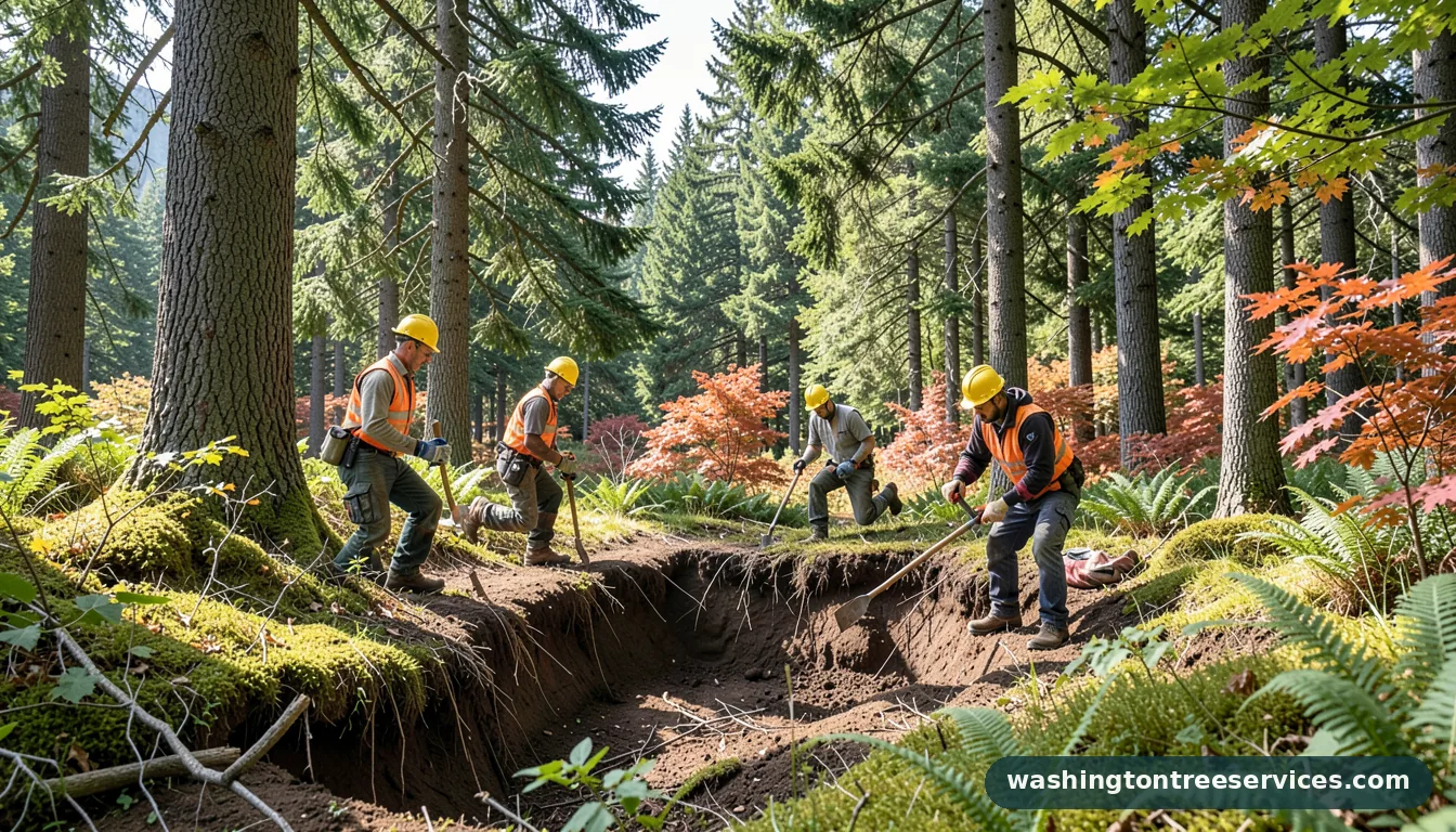 Certified arborists handling root collar excavation in Washington root collar excavation - certified arborists at work in Washington