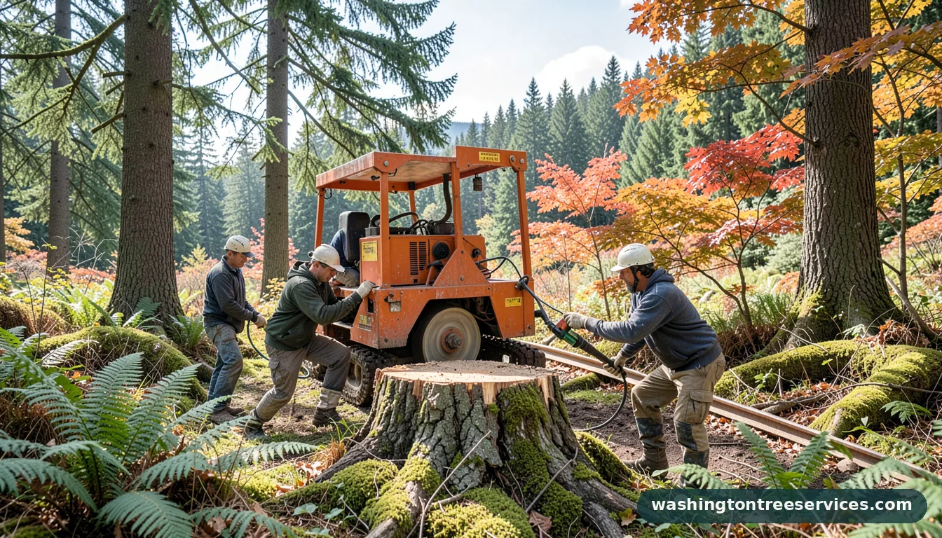 Certified arborists handling stump grinding machine in Washington stump grinding machine - certified arborists at work in Washington