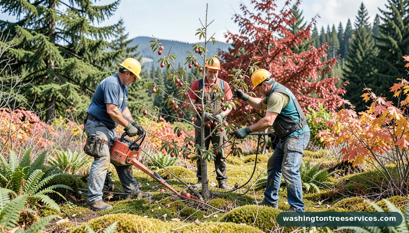 Certified arborists handling time to prune fruit trees in Washington time to prune fruit trees - certified arborists at work in Washington
