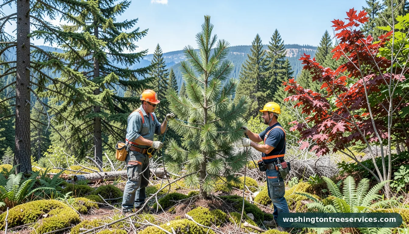 topping a pine tree - tree service equipment and crew in Washington