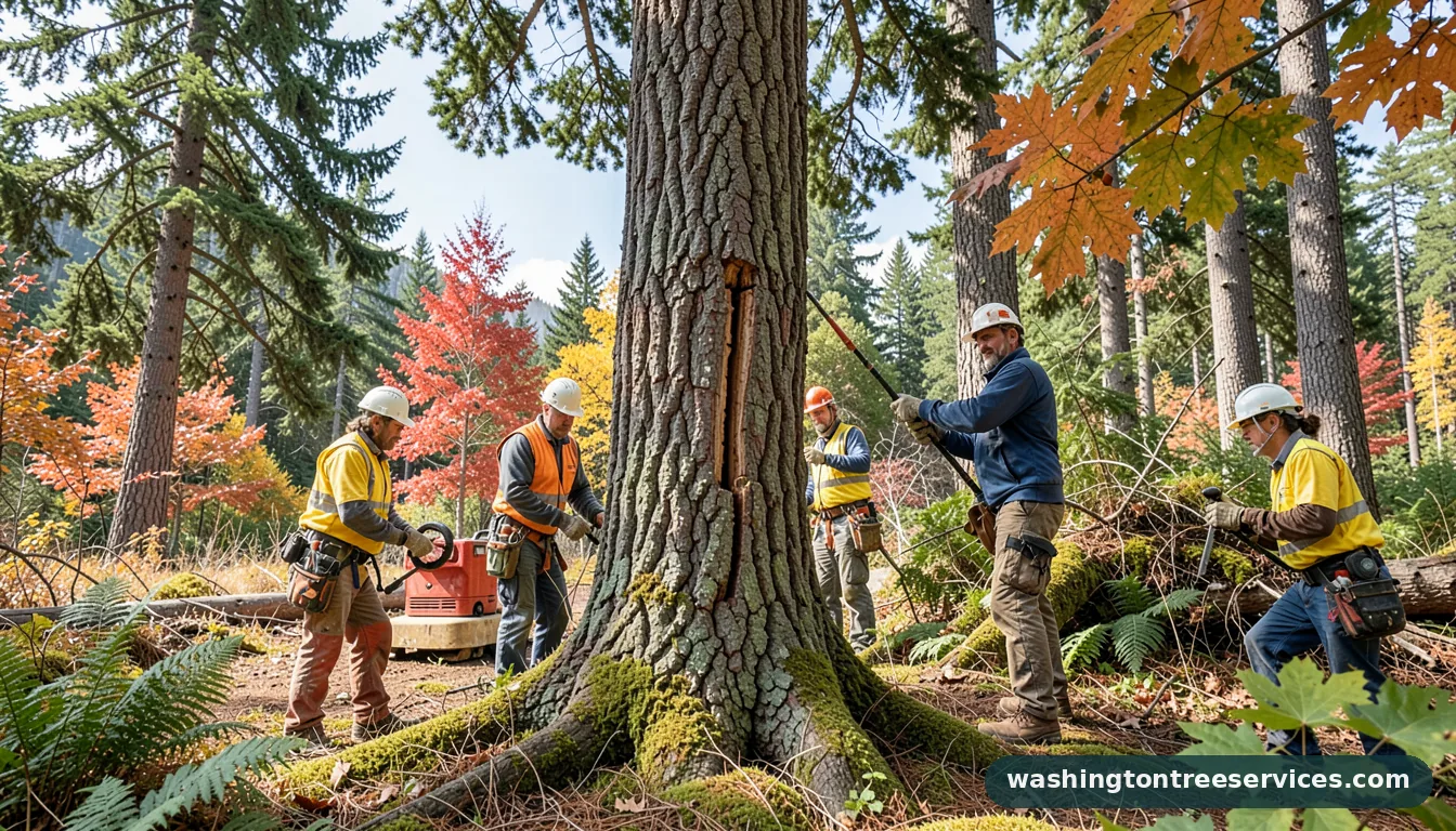 tree has a crack in the trunk - tree service equipment and crew in Washington