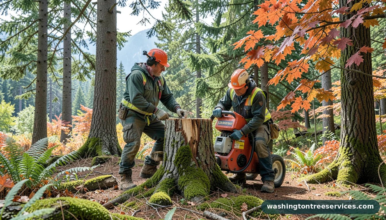 Certified arborists handling tree trunk grinder in Washington tree trunk grinder - certified arborists at work in Washington