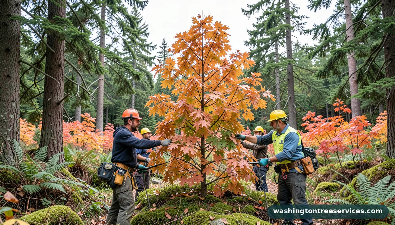 Certified arborists handling trim maple tree in fall in Washington trim maple tree in fall - certified arborists at work in Washington