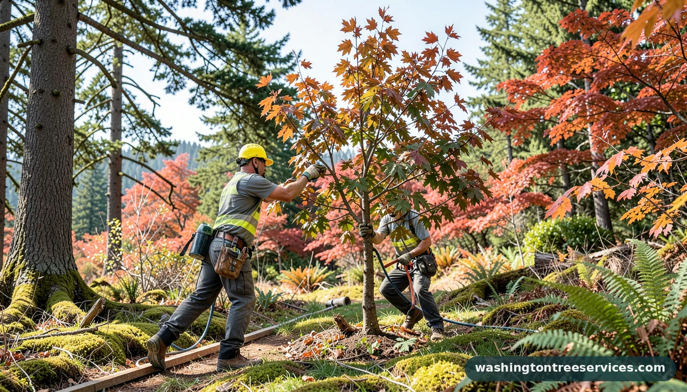 trimming a cherry tree - tree service equipment and crew in Washington