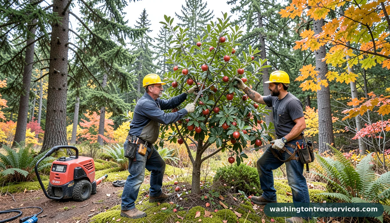 Certified arborists handling trimming a pomegranate tree in Washington trimming a pomegranate tree - certified arborists at work in Washington