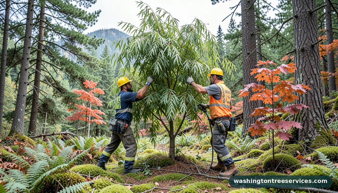 trimming a willow tree - tree service equipment and crew in Washington