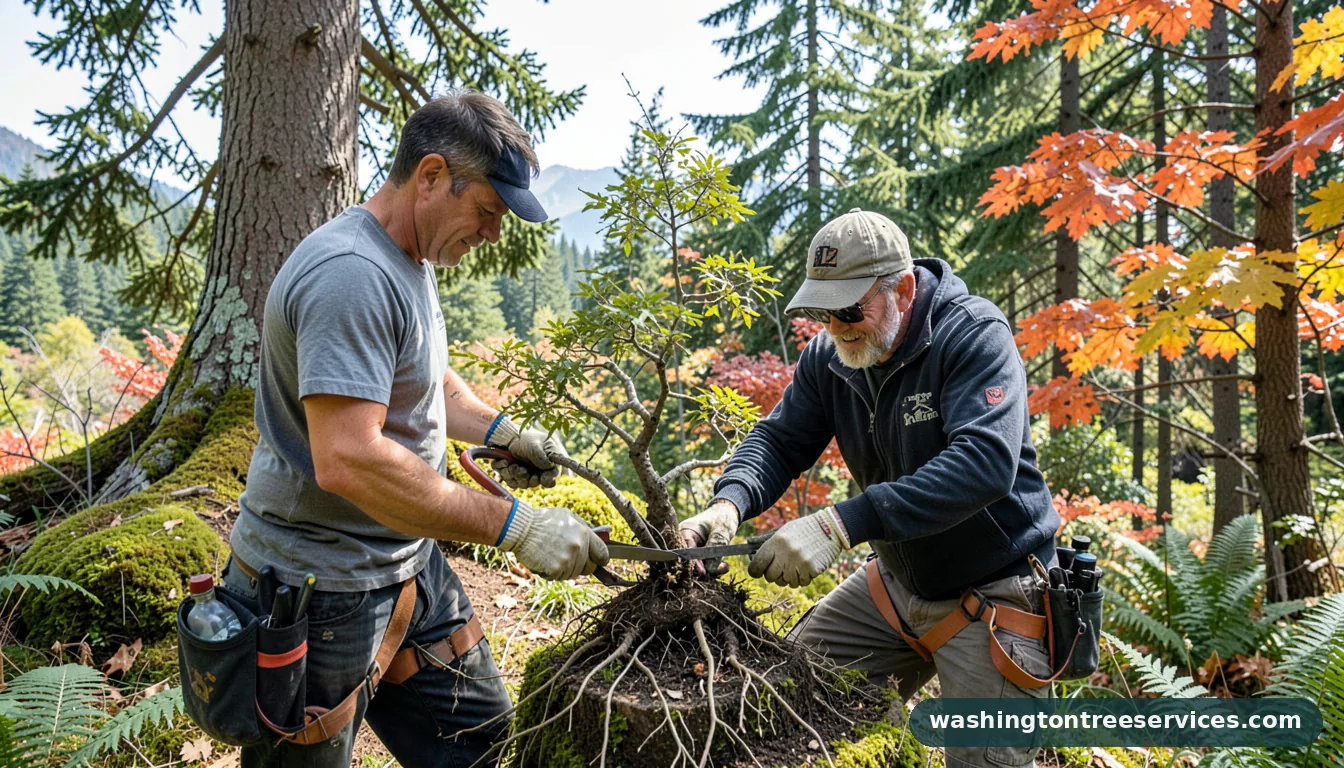 trimming bonsai roots - certified arborists at work in Washington