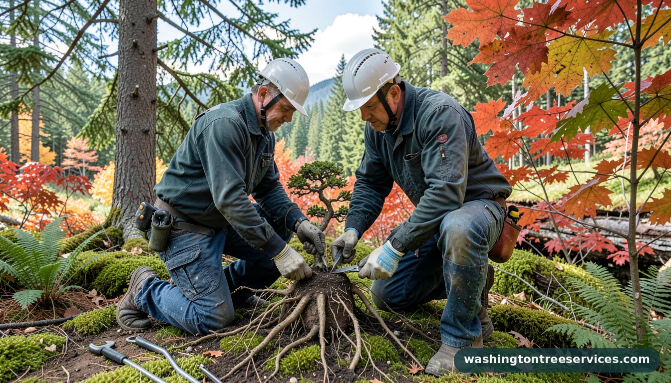 trimming bonsai roots - tree service equipment and crew in Washington
