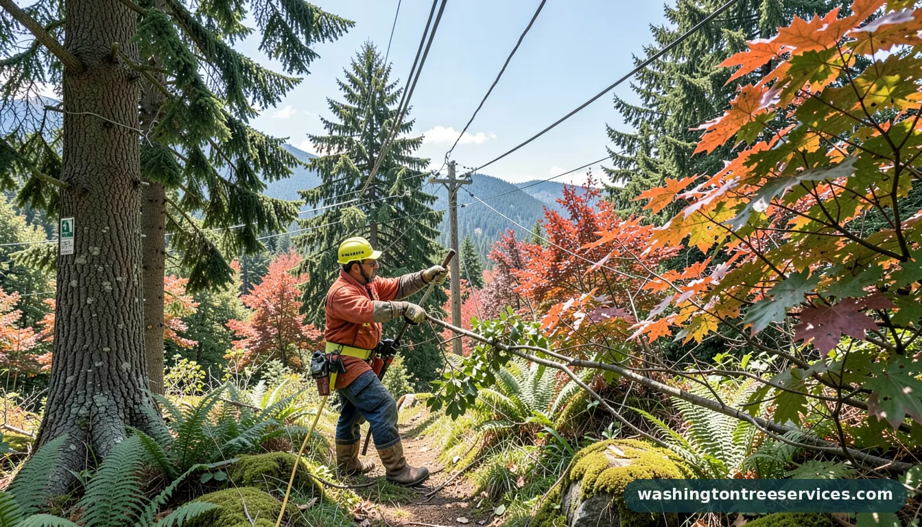 trimming branches near power lines - certified arborists at work in Washington