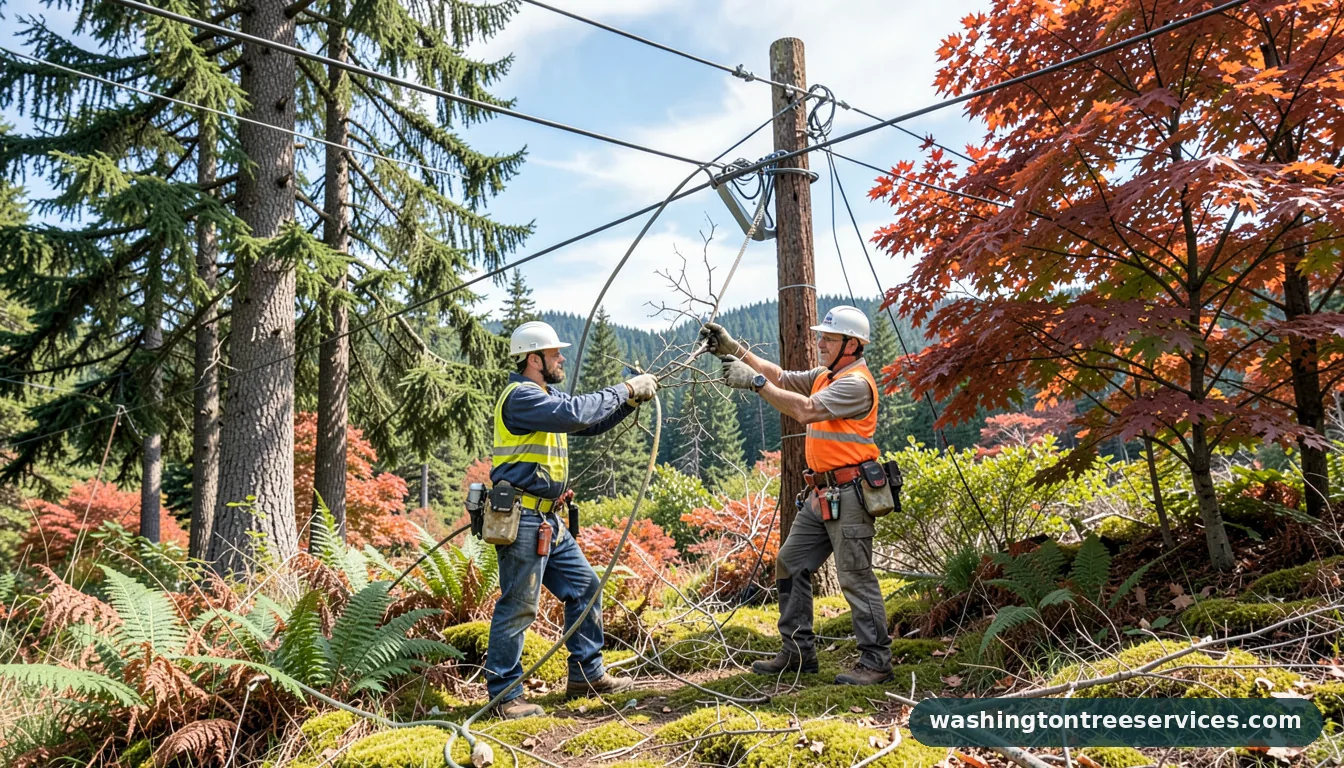 trimming branches near power lines - tree service equipment and crew in Washington