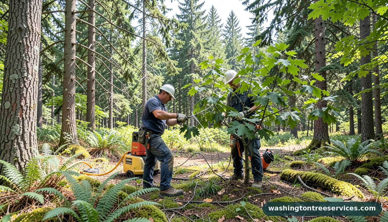 trimming crepe myrtle - tree service equipment and crew in Washington
