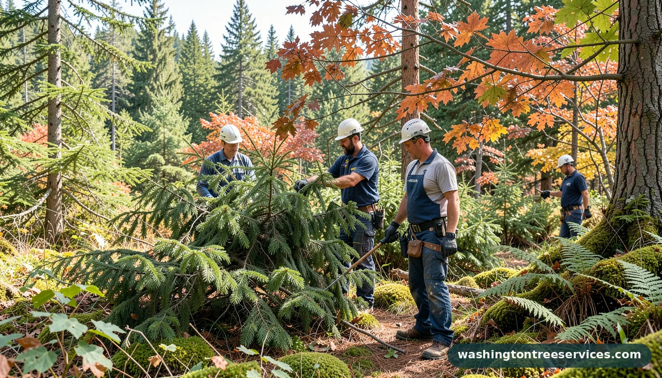 trimming evergreen trees - certified arborists at work in Washington
